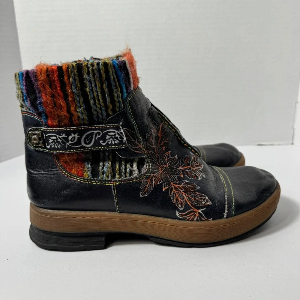 Socofy Black Leather Floral Embroidered Knit Collar‎ Ankle Boots Size 38 Boho
